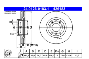 Спирачен диск преден десен/ляв  (283.0 mm) CITROEN BERLINGO, BERLINGO/MINIVAN, C4 GRAND PICASSO II, C4 PICASSO II, C4 SPACETOURER 1.2-Electric (02.13-) ATE 24.0126-0183.1