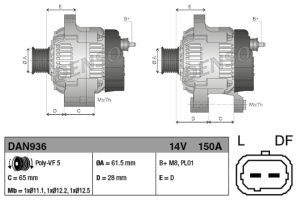 Алтернатор ALFA 159 2.4 JTDM (09.05-) /ALFA SPIDER 2.4 JTDM (04.07-) DENSO DAN936